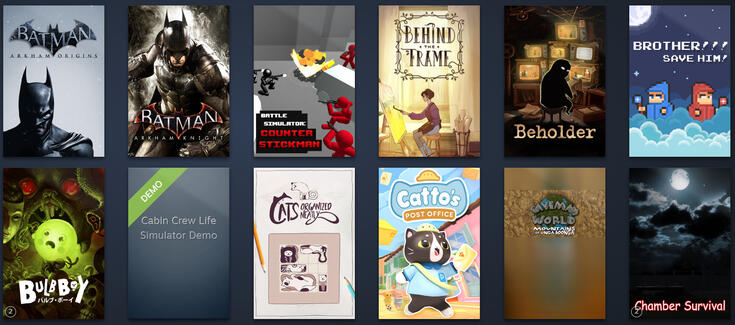 Batman: Arkham Origins | Batman: Arkham Knight | Battle Simulator: Counter Stickman | Behind The Frame | Beholder | Brother!!! | Bulb Boy | Cats Organized Neatly | Catto's Post Office | Caveman World | Chamber Survival