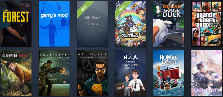 The Forest | Garry's Mod | Goose Gooose Duck | GTAV | Green Hell | Half LIfe | H.I.A. | Human Fall Flat | Idol Party