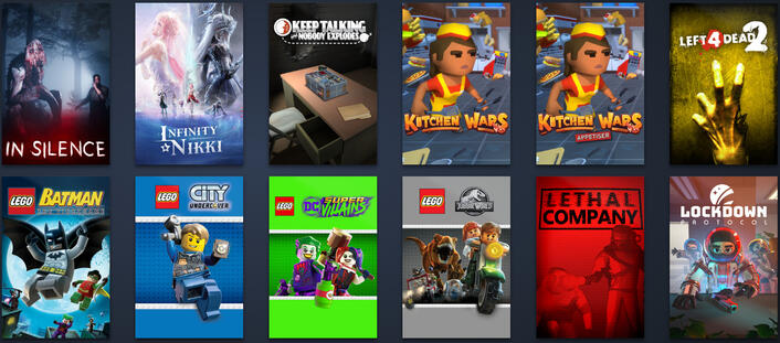 In Silence | Infinity Nikki | Keep Talking and nobody Explodes | Kitchen Wars | Left 4 Dead 2 | Lego Batman The Video Game | Lego City Undercover | Lego DC Villains | Lego Jurassic World | Lethal Company | Lockdown Protocol