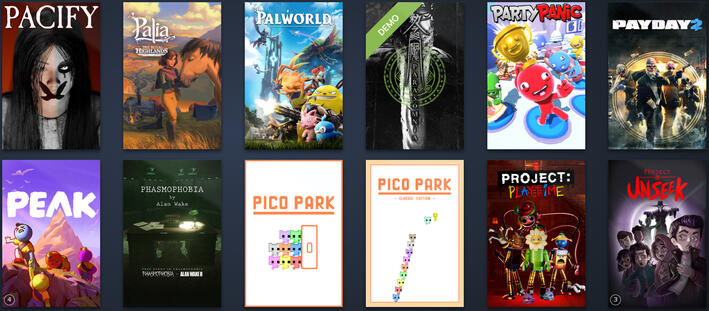 Pacify | Palia | Palworld | Party Panic | Payday 2 | PEAK | Phasmophobia | Pico Park | Pico Park : Classic Edition | Project Playtime | Project Unseek